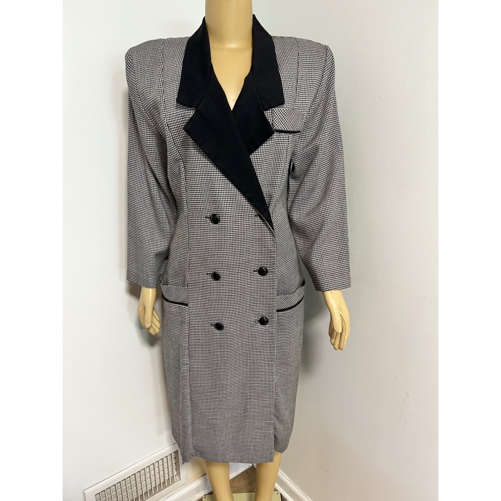 90s Abbey Lane Vintage Houndstooth Double Breasted Blazer Dress Black White 12
